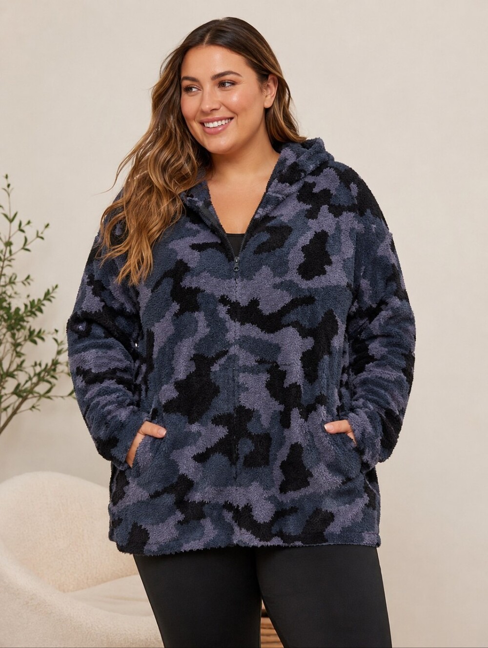 Barefoot Dreams CozyChic Camo Hoodie Indigo Multi 3X NWT Plush Zip Up